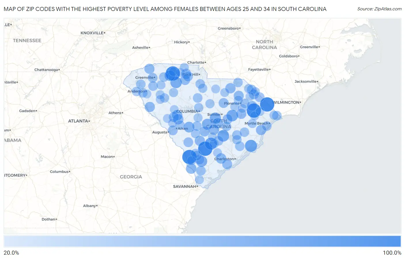 Zip Codes with the Highest Poverty Level Among Females Between Ages 25 and 34 in South Carolina Map