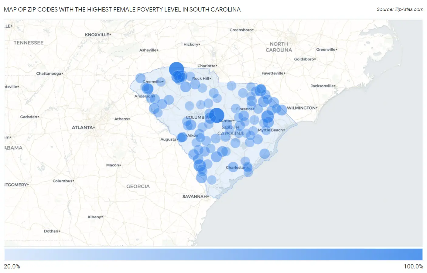 Zip Codes with the Highest Female Poverty Level in South Carolina Map