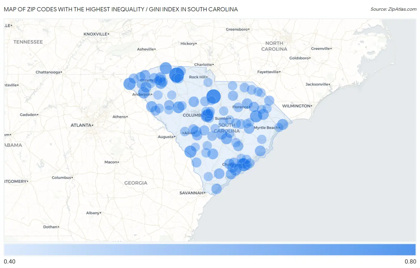 Zip Codes with the Highest Inequality / Gini Index in South Carolina Map