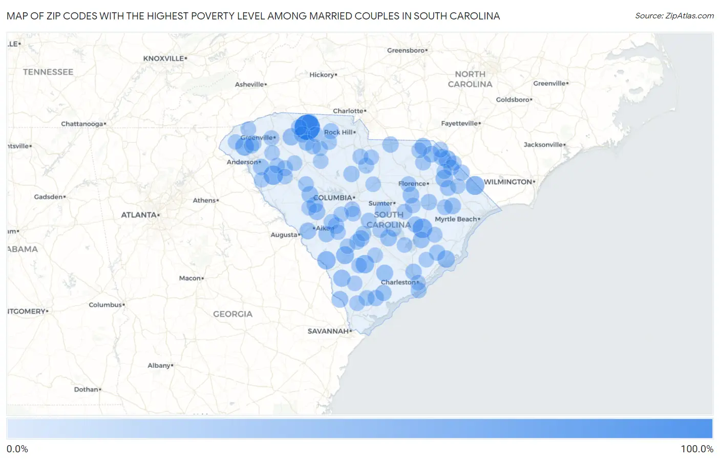 Zip Codes with the Highest Poverty Level Among Married Couples in South Carolina Map