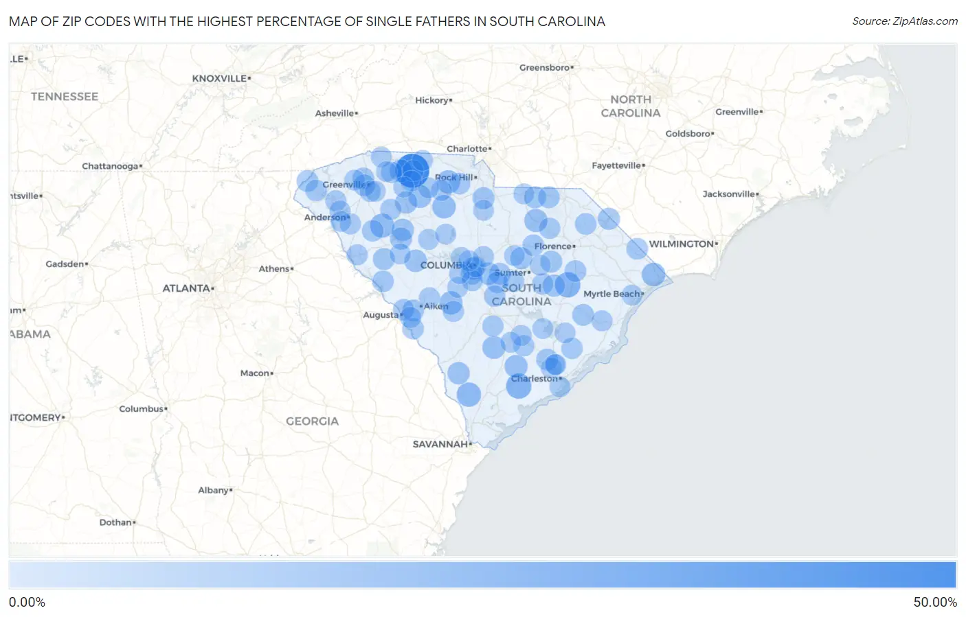 Zip Codes with the Highest Percentage of Single Fathers in South Carolina Map