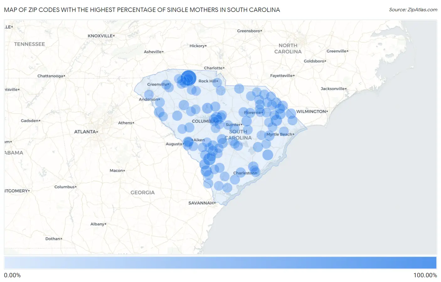 Zip Codes with the Highest Percentage of Single Mothers in South Carolina Map