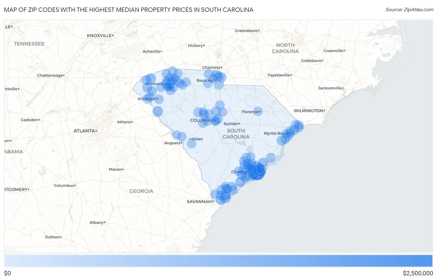 Zip Codes with the Highest Median Property Prices in South Carolina Map