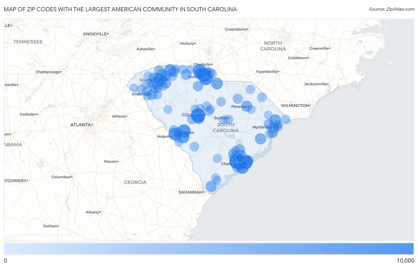 Zip Codes with the Largest American Community in South Carolina Map