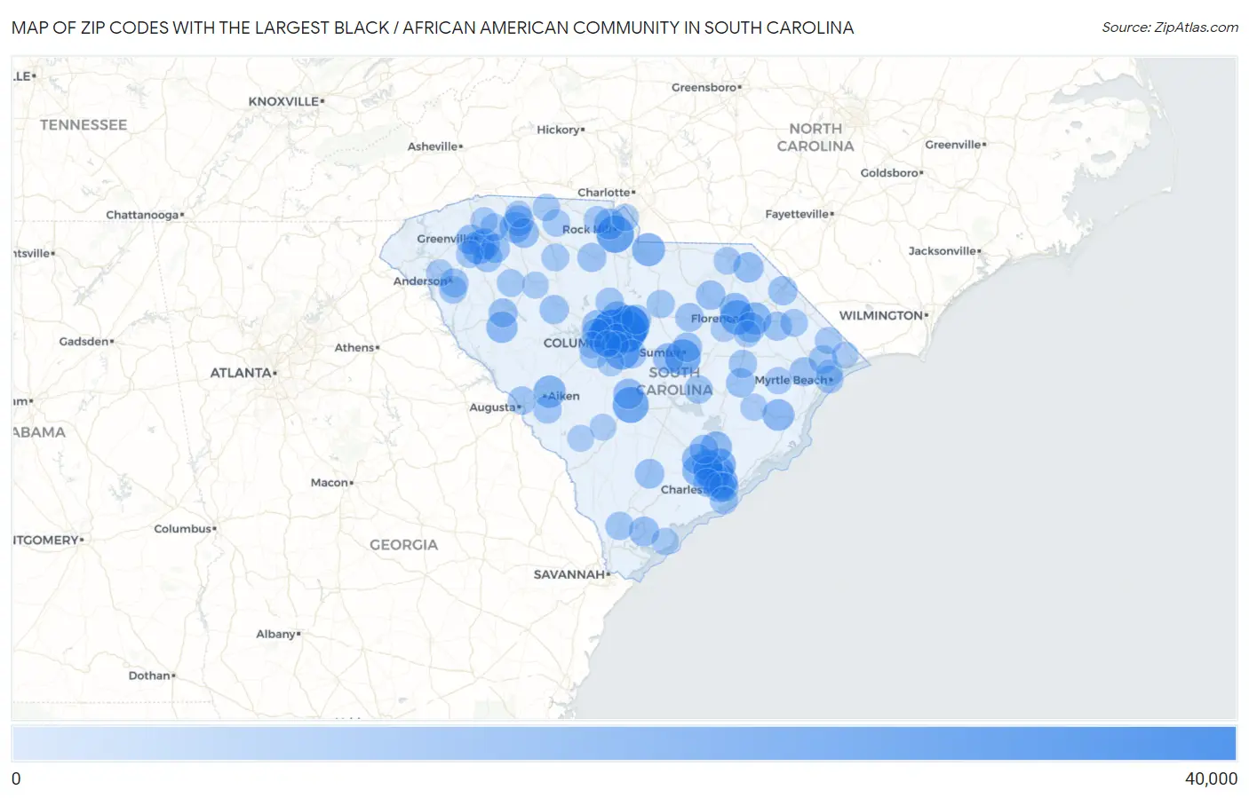 Zip Codes with the Largest Black / African American Community in South Carolina Map