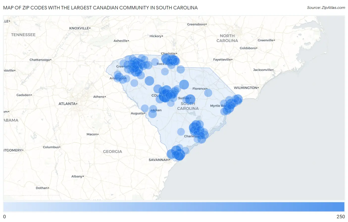 Zip Codes with the Largest Canadian Community in South Carolina Map