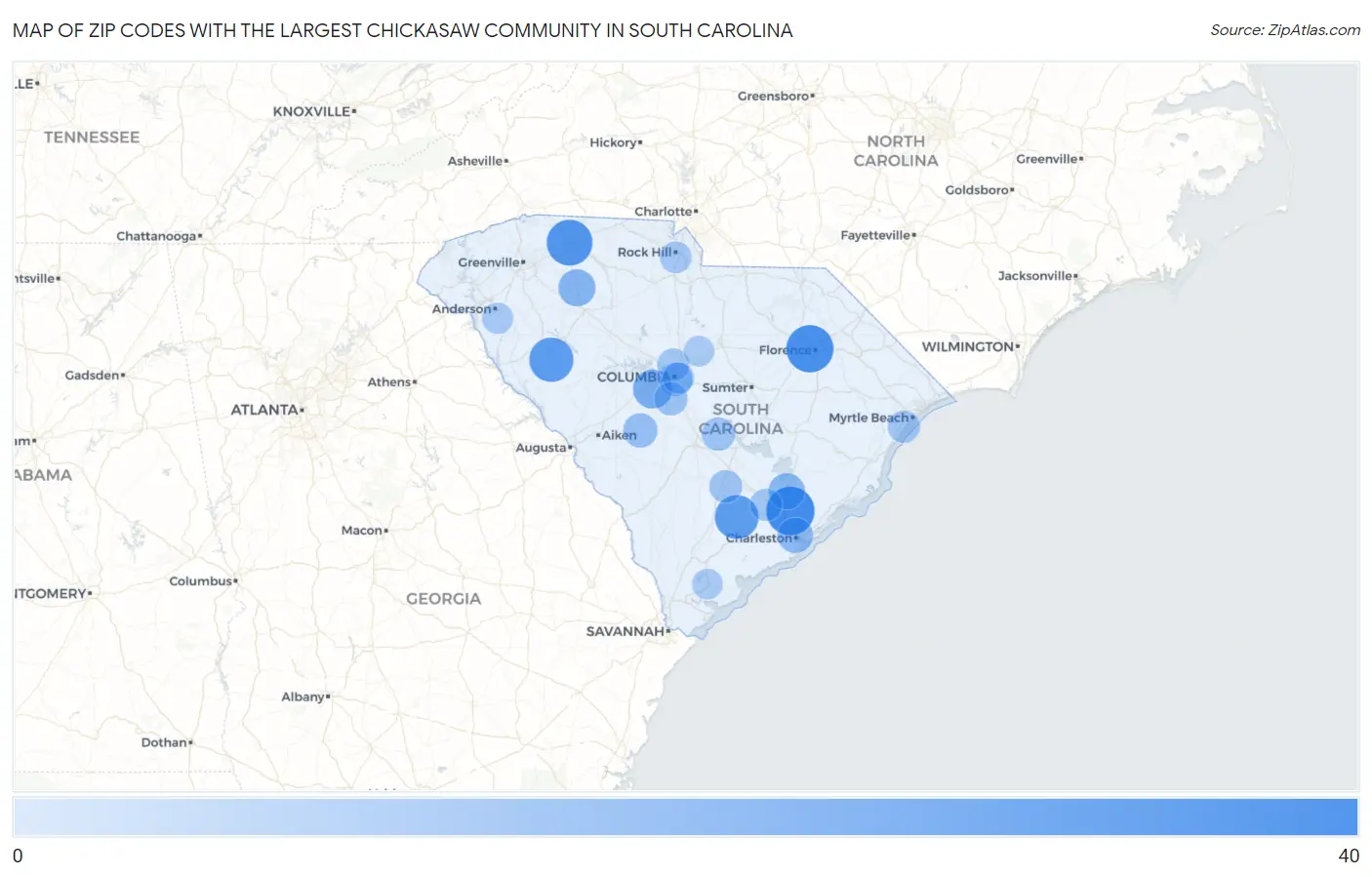 Zip Codes with the Largest Chickasaw Community in South Carolina Map