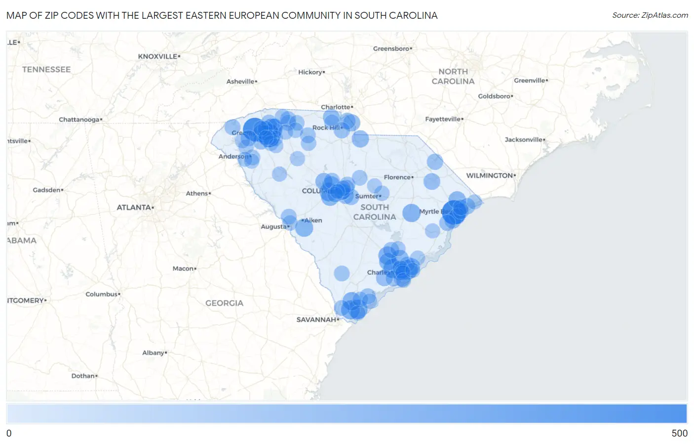 Zip Codes with the Largest Eastern European Community in South Carolina Map