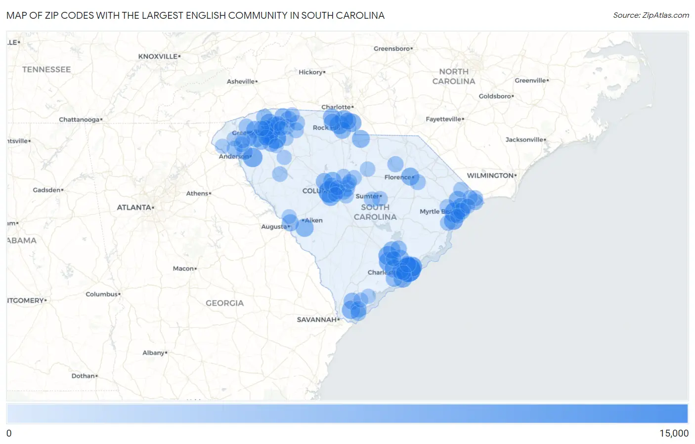 Zip Codes with the Largest English Community in South Carolina Map