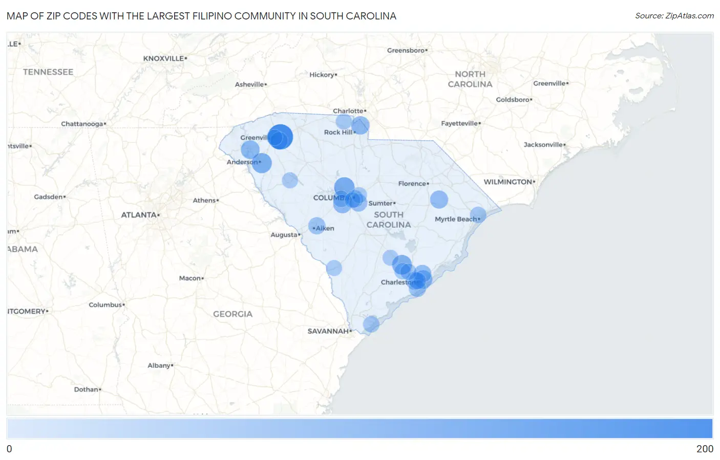 Zip Codes with the Largest Filipino Community in South Carolina Map