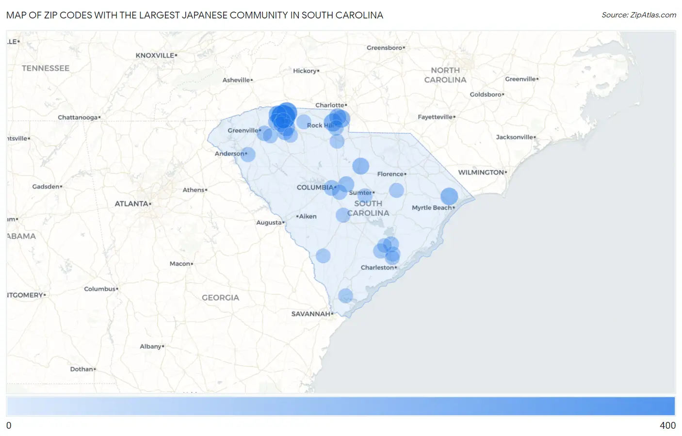 Zip Codes with the Largest Japanese Community in South Carolina Map