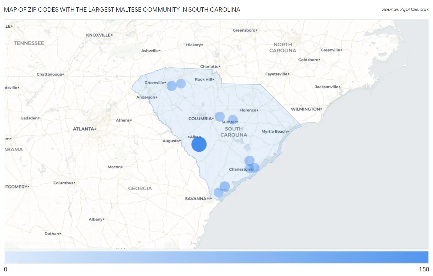Zip Codes with the Largest Maltese Community in South Carolina Map