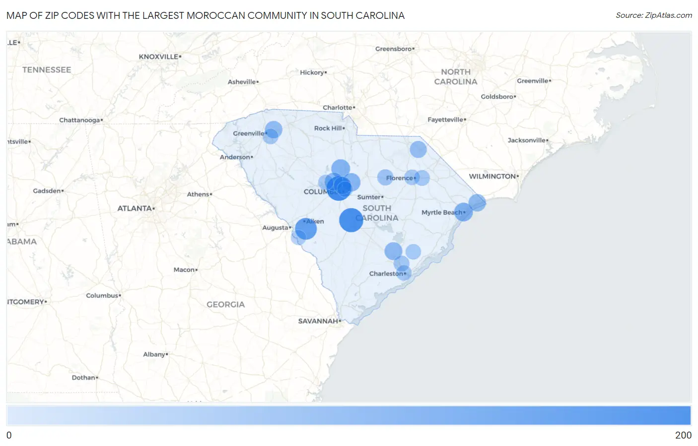 Zip Codes with the Largest Moroccan Community in South Carolina Map