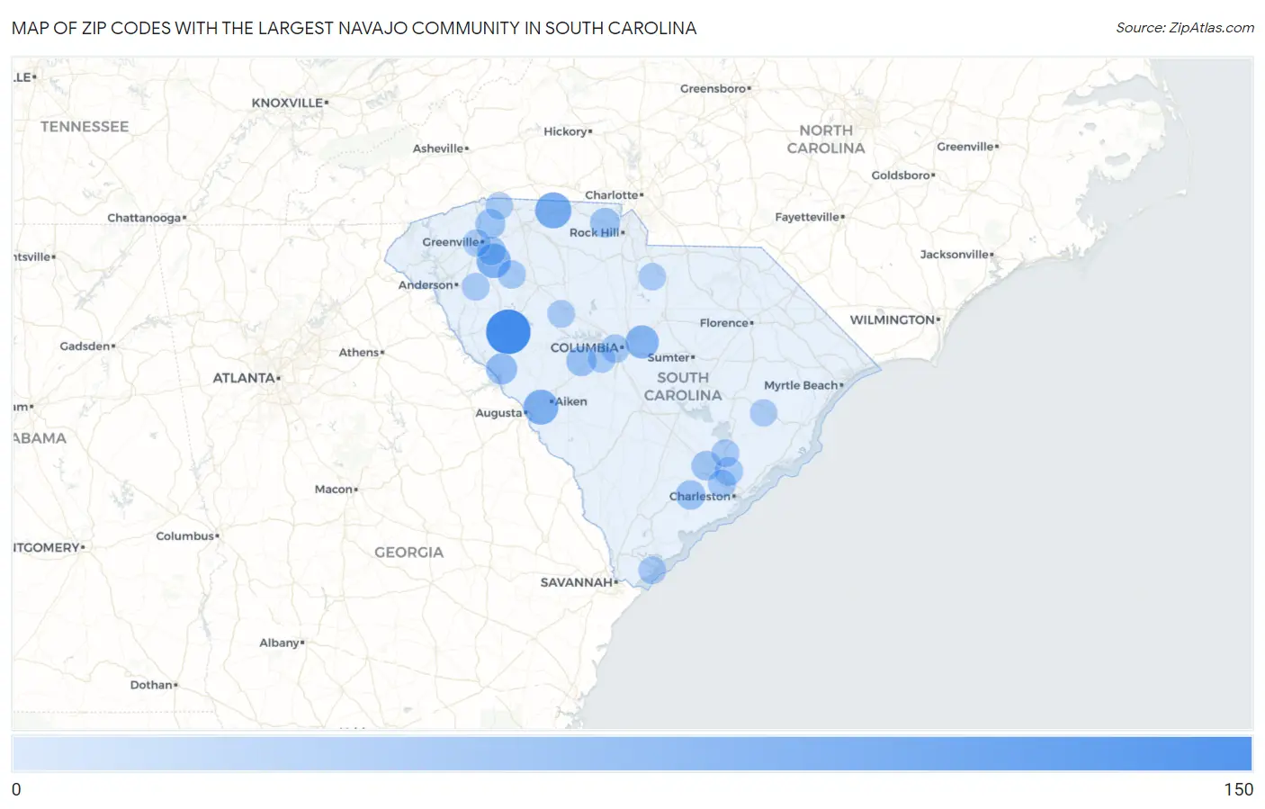 Zip Codes with the Largest Navajo Community in South Carolina Map