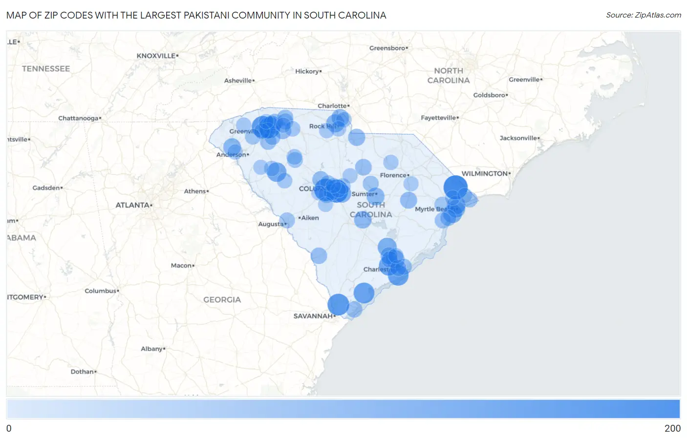 Zip Codes with the Largest Pakistani Community in South Carolina Map
