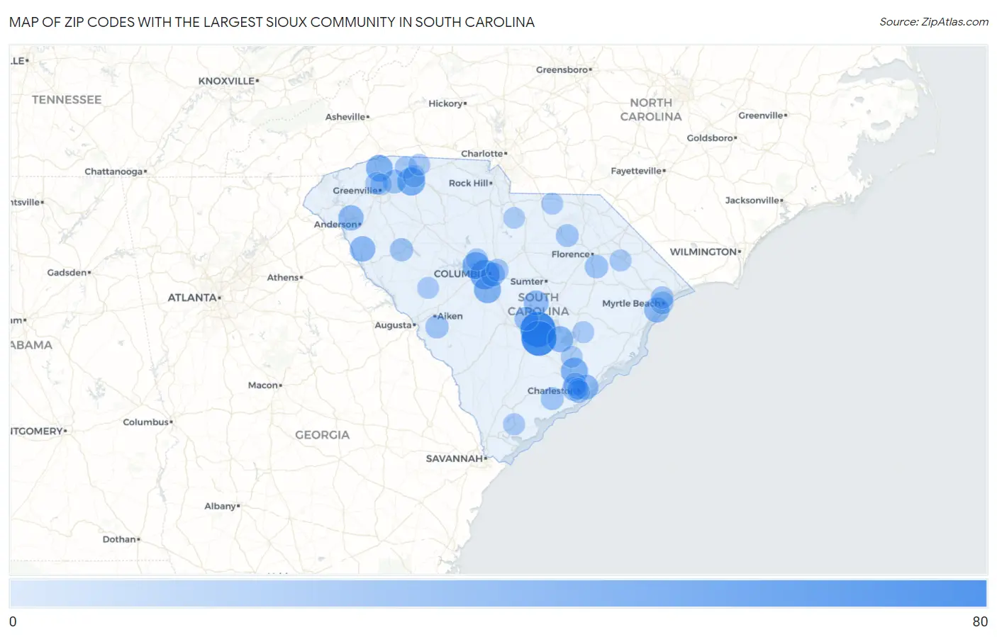Zip Codes with the Largest Sioux Community in South Carolina Map