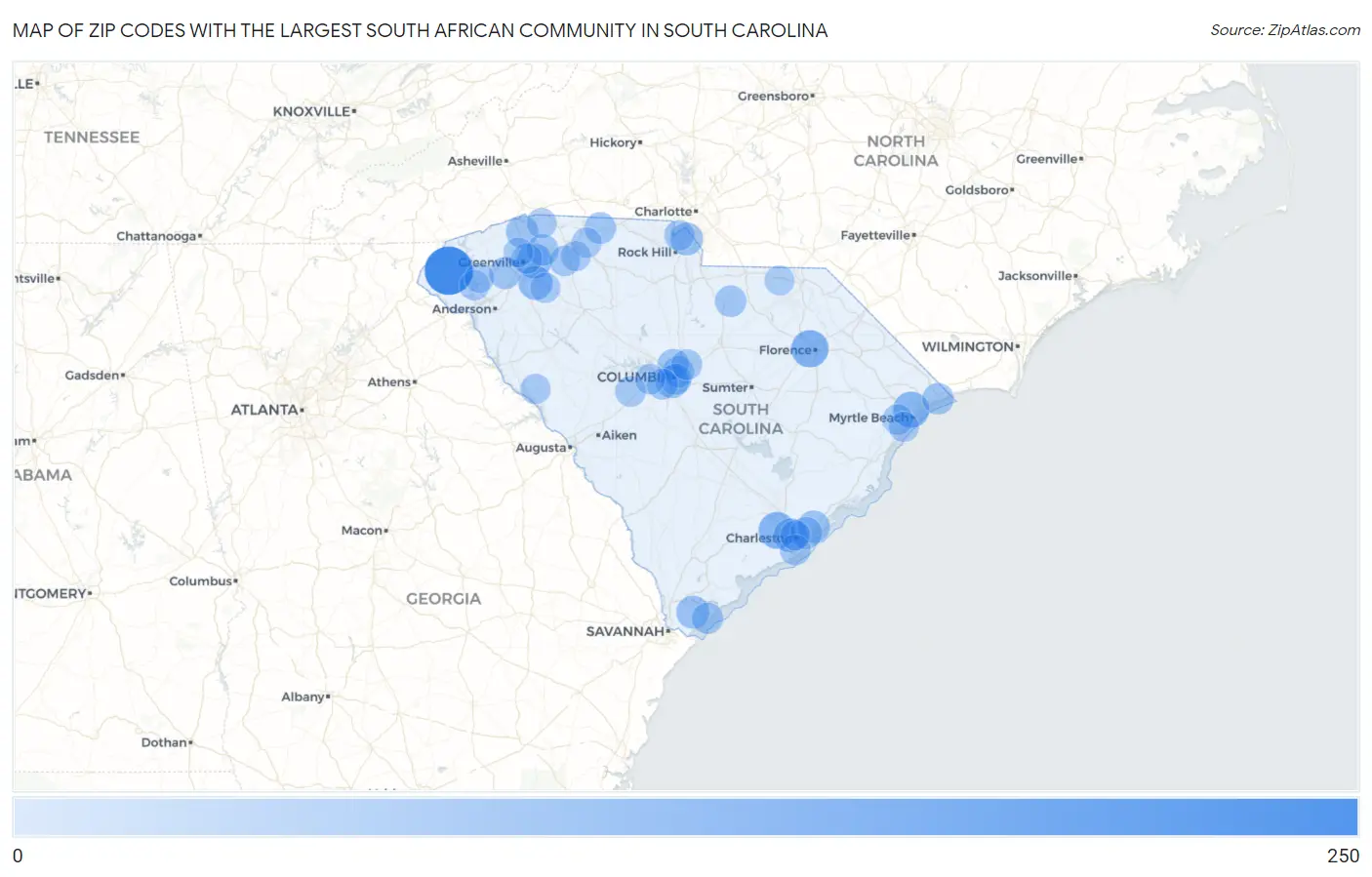 Zip Codes with the Largest South African Community in South Carolina Map