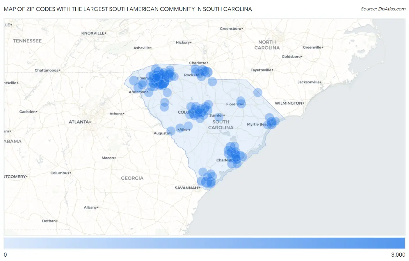 Zip Codes with the Largest South American Community in South Carolina Map