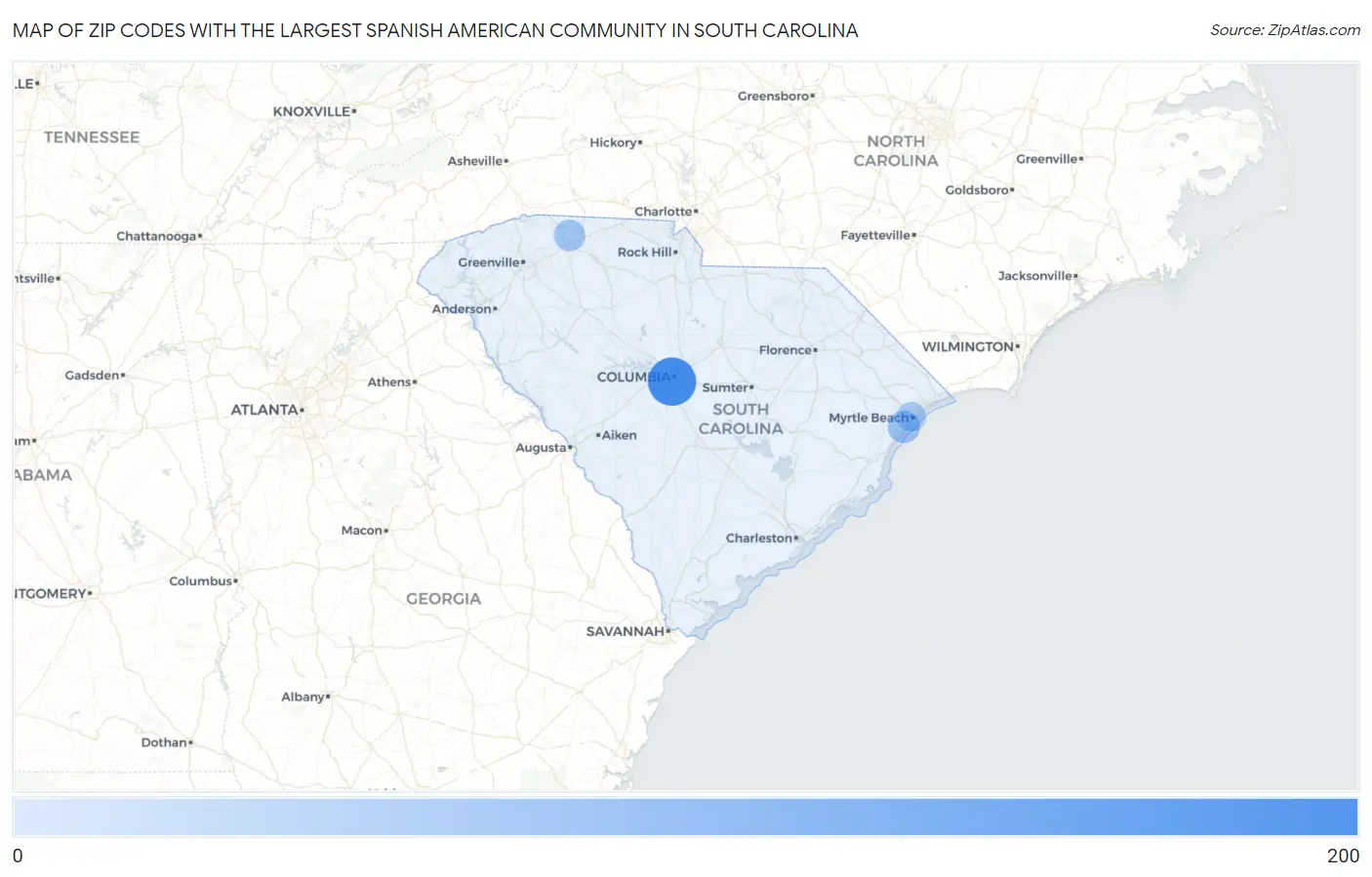 Zip Codes with the Largest Spanish American Community in South Carolina Map