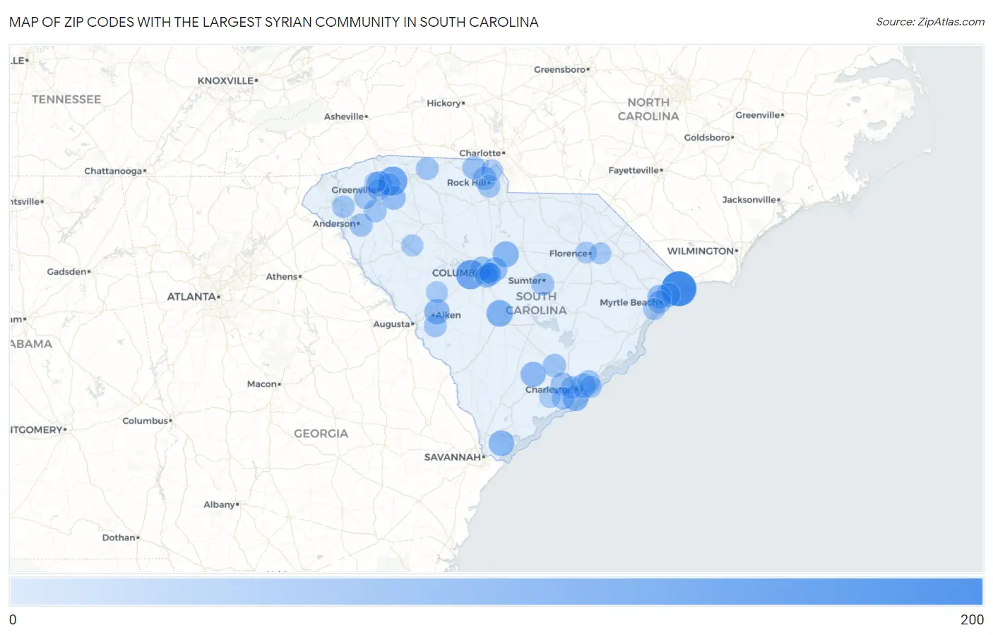 Zip Codes with the Largest Syrian Community in South Carolina Map