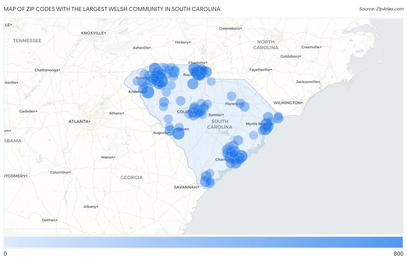 Zip Codes with the Largest Welsh Community in South Carolina Map