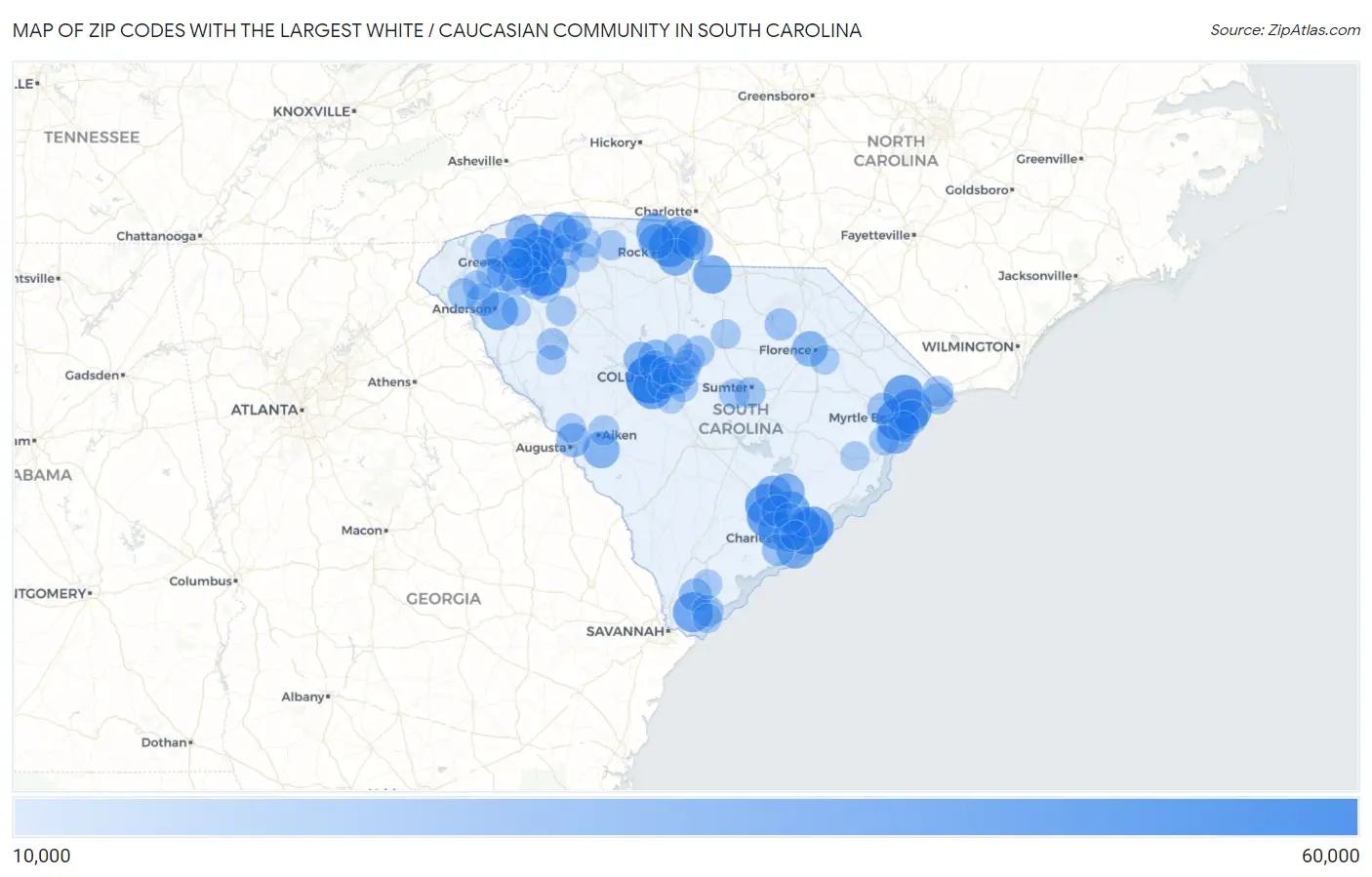 Zip Codes with the Largest White / Caucasian Community in South Carolina Map