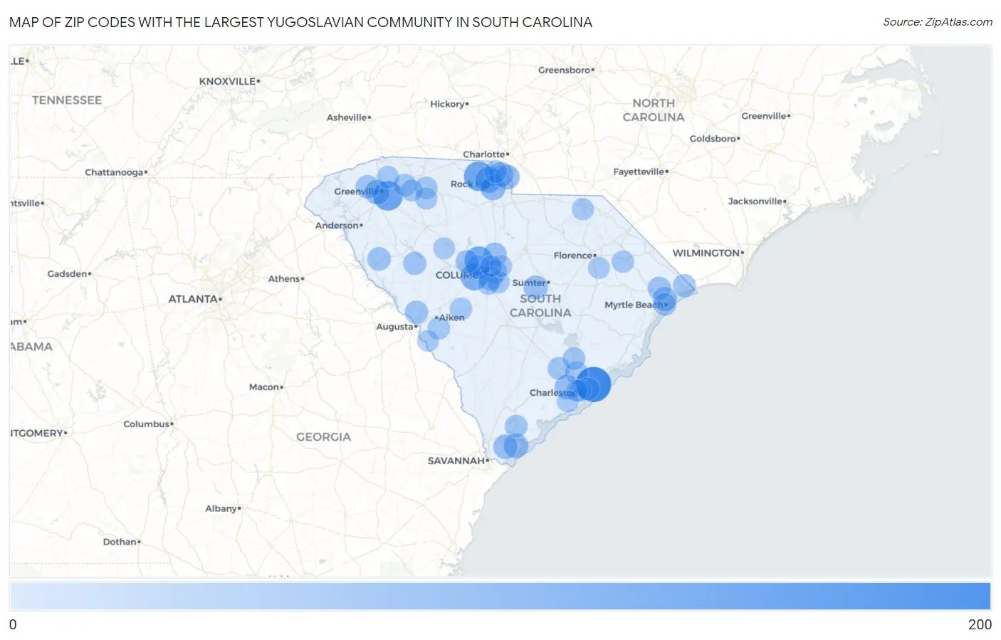 Zip Codes with the Largest Yugoslavian Community in South Carolina Map