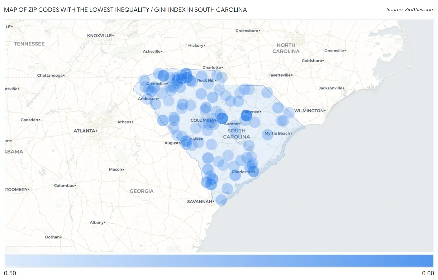 Zip Codes with the Lowest Inequality / Gini Index in South Carolina Map