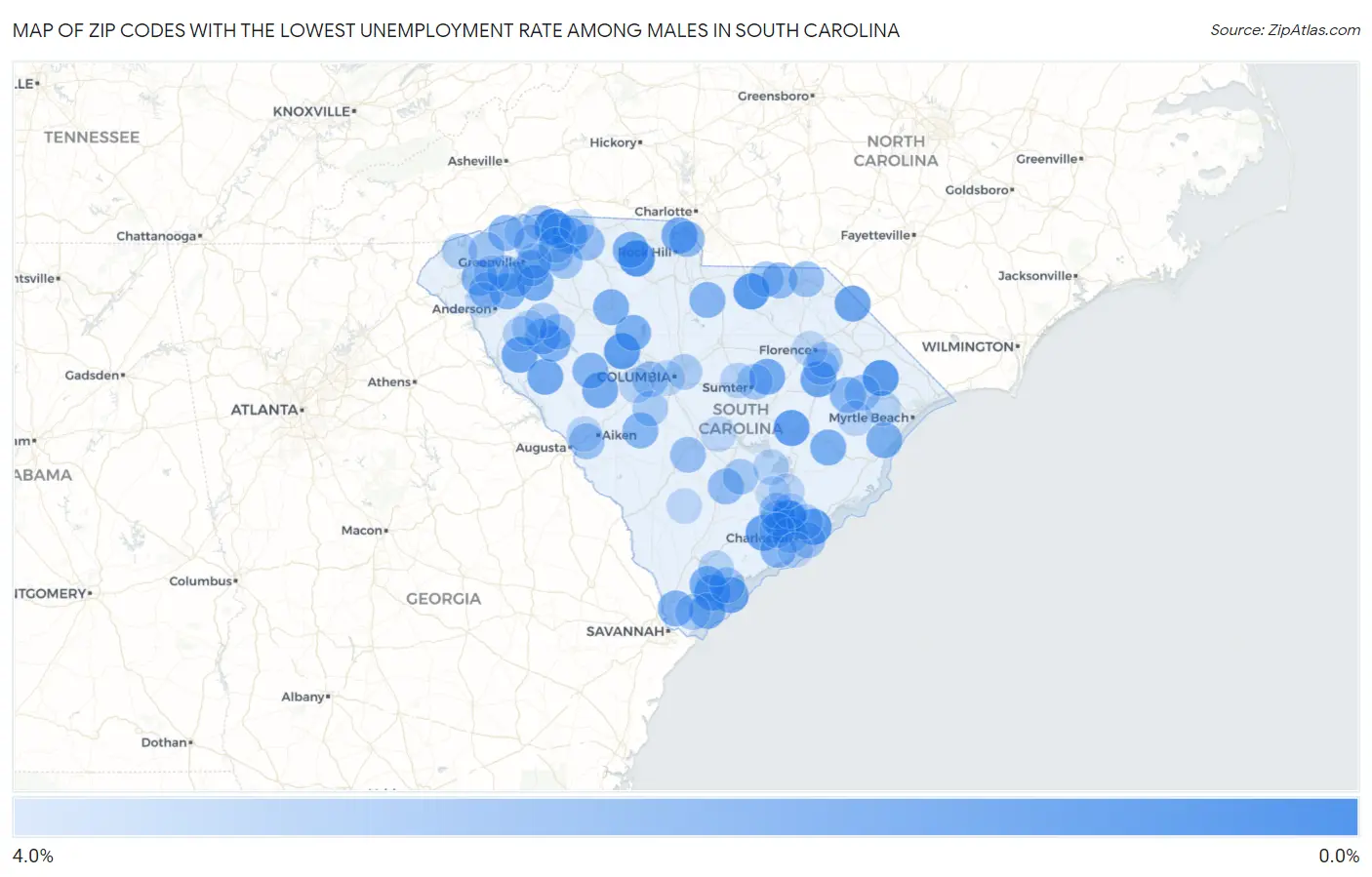 Zip Codes with the Lowest Unemployment Rate Among Males in South Carolina Map