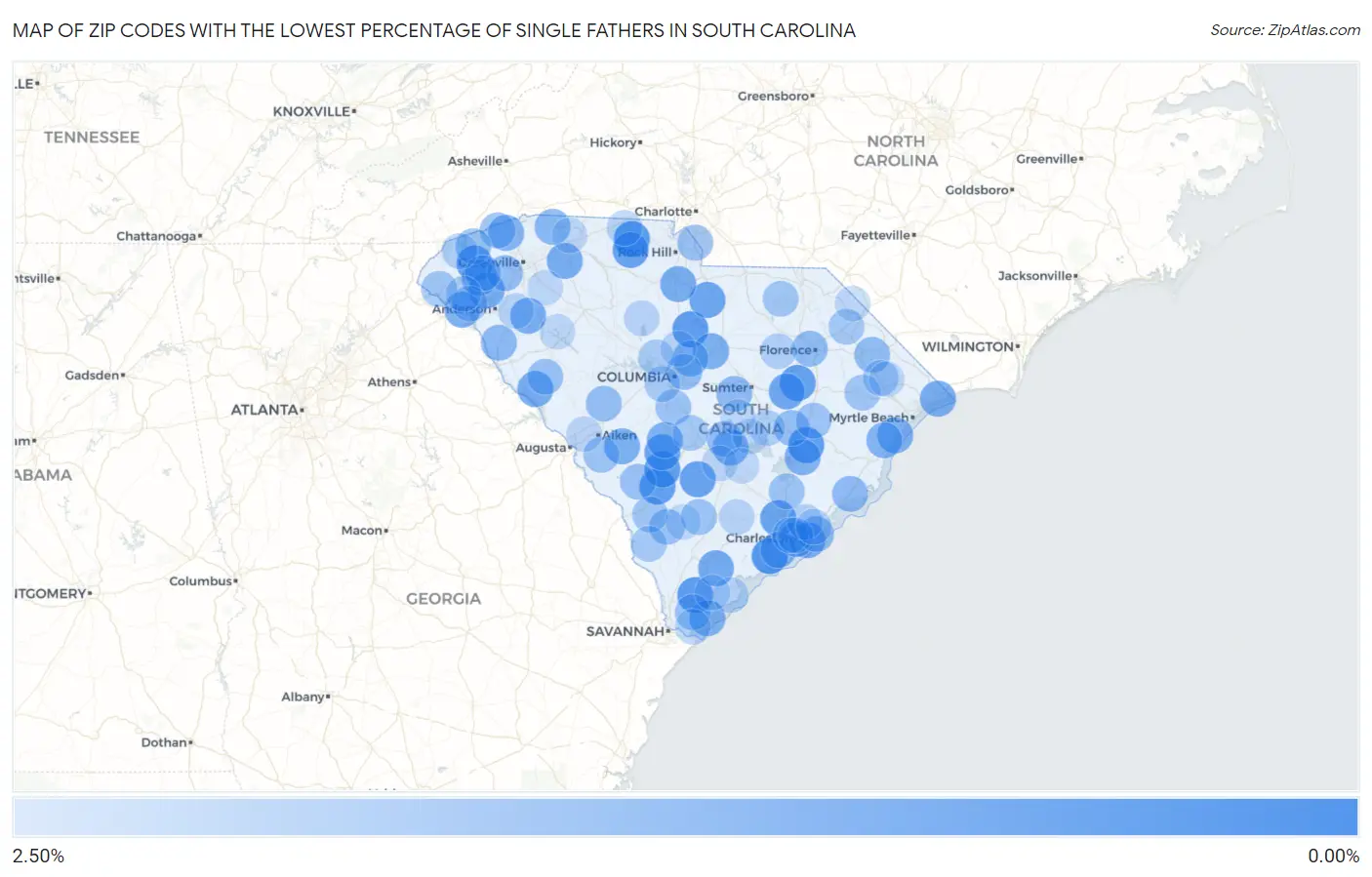 Zip Codes with the Lowest Percentage of Single Fathers in South Carolina Map