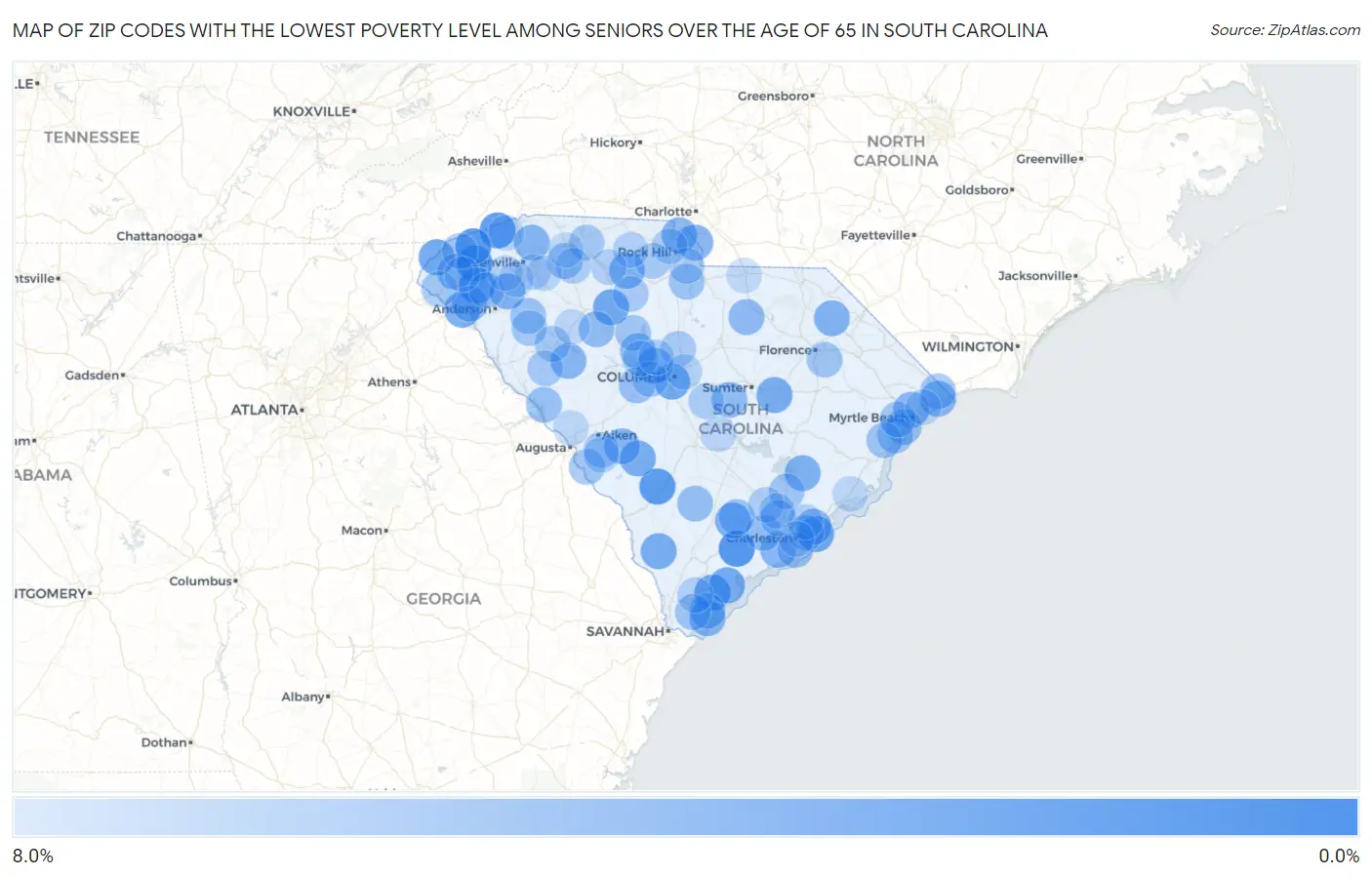 Zip Codes with the Lowest Poverty Level Among Seniors Over the Age of 65 in South Carolina Map