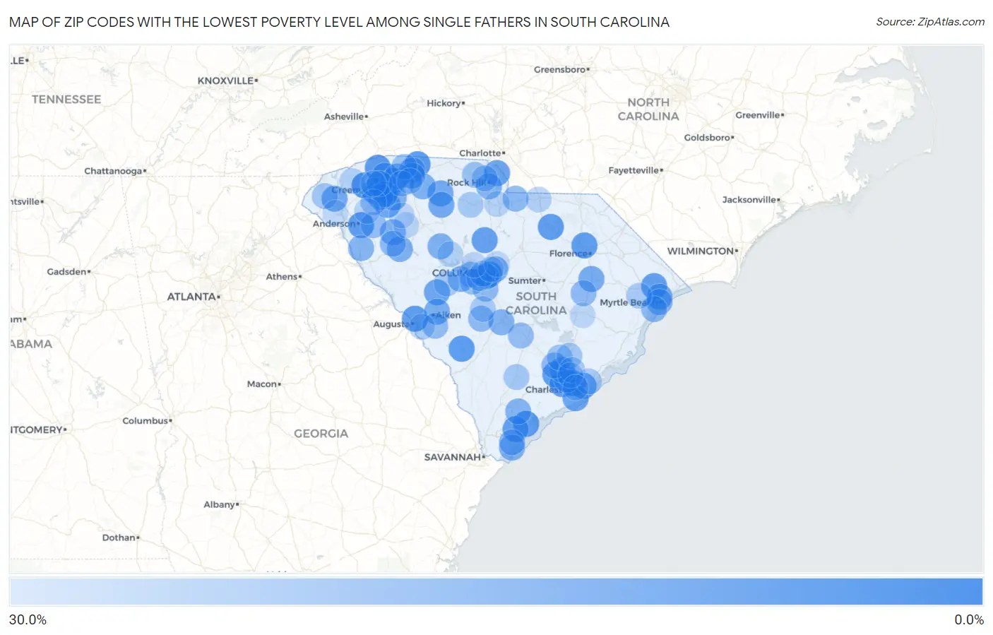 Zip Codes with the Lowest Poverty Level Among Single Fathers in South Carolina Map