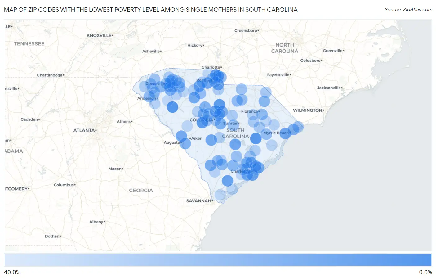Zip Codes with the Lowest Poverty Level Among Single Mothers in South Carolina Map