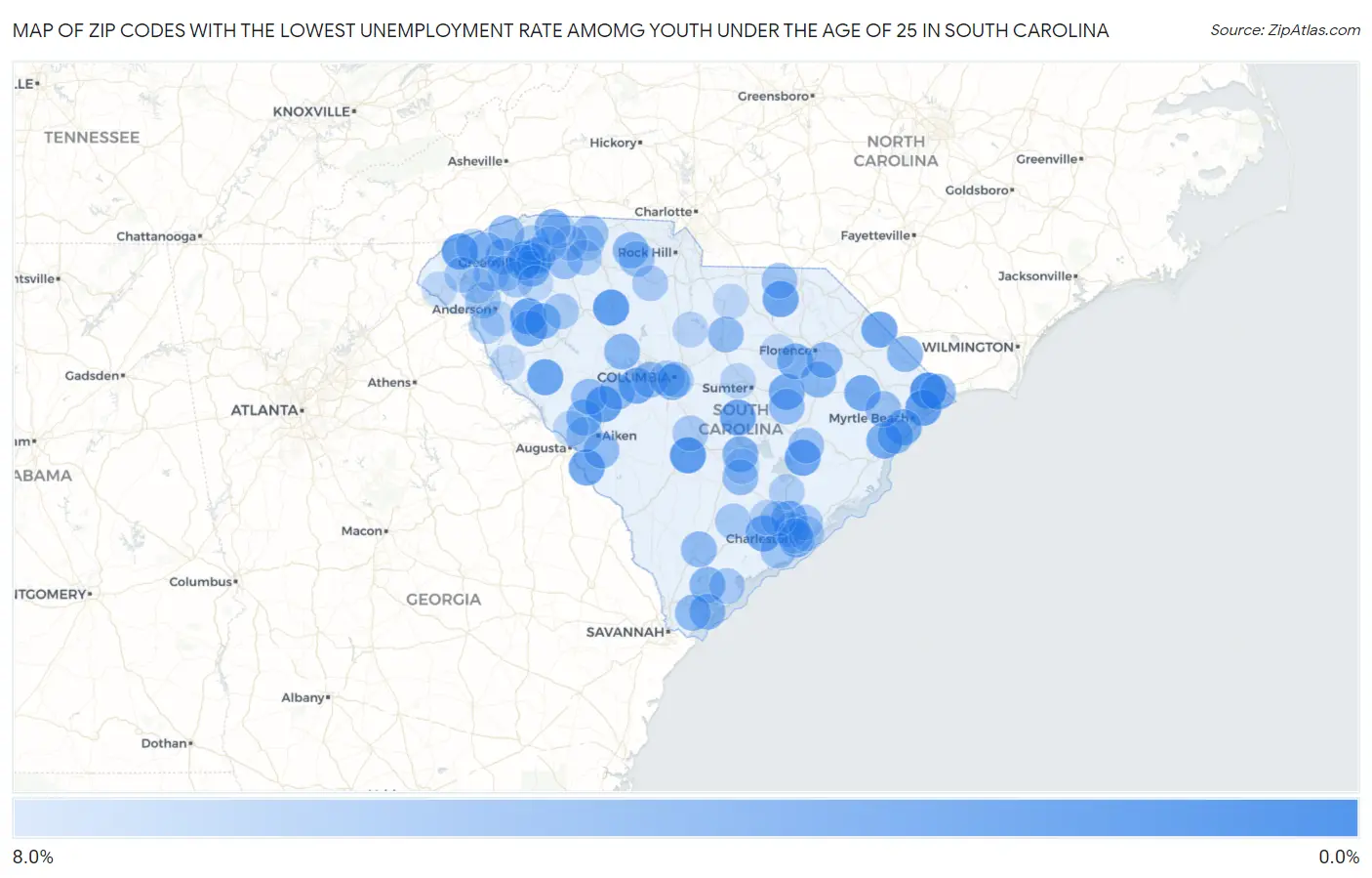Zip Codes with the Lowest Unemployment Rate Amomg Youth Under the Age of 25 in South Carolina Map