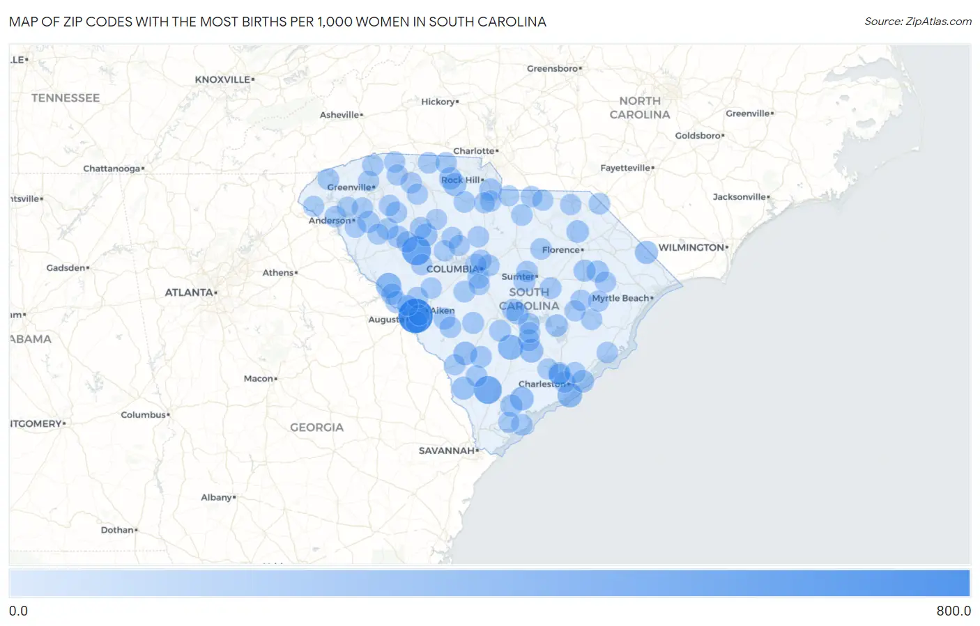 Zip Codes with the Most Births per 1,000 Women in South Carolina Map