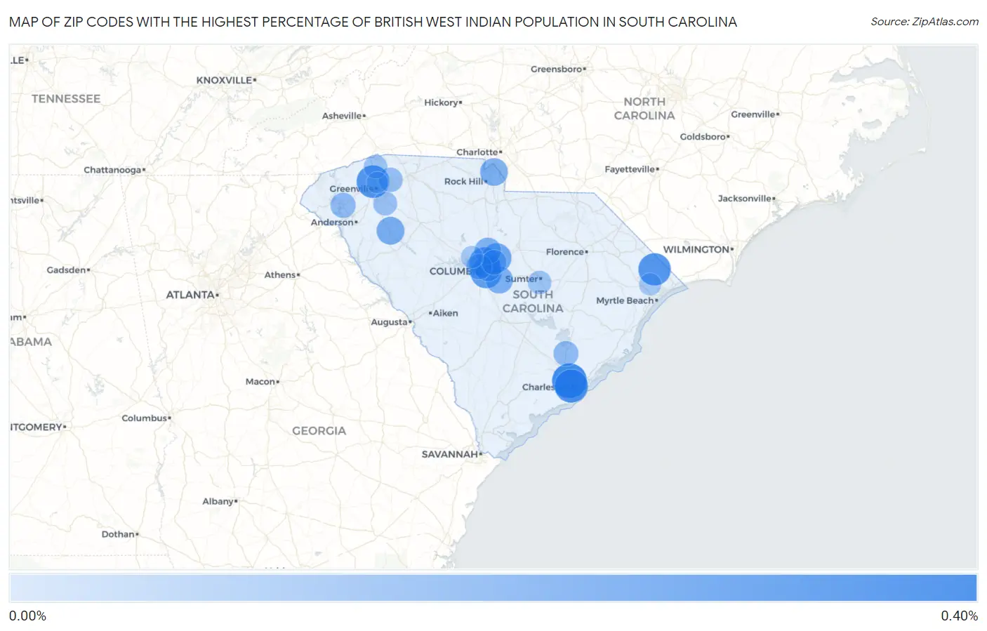 Zip Codes with the Highest Percentage of British West Indian Population in South Carolina Map