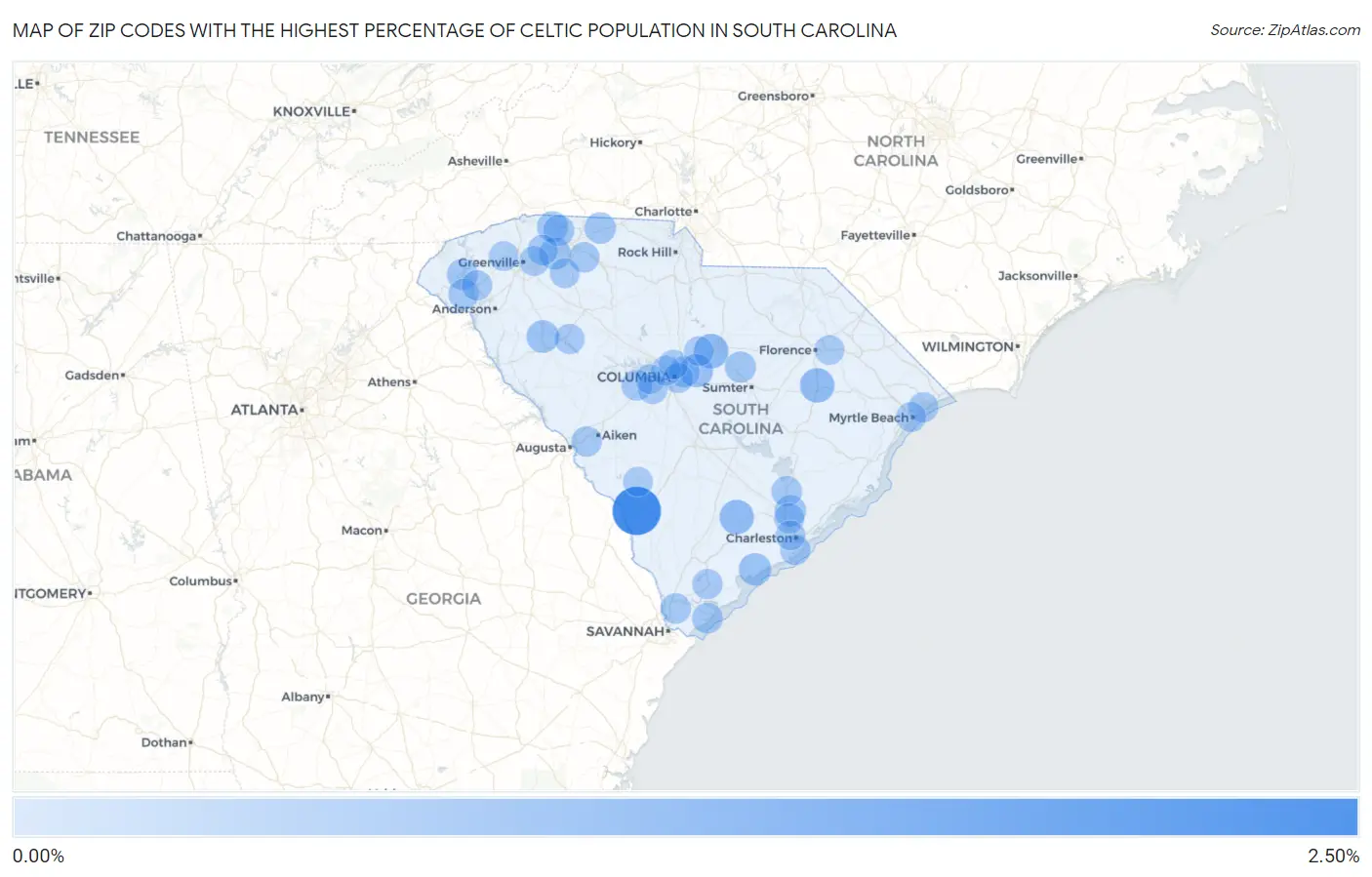 Zip Codes with the Highest Percentage of Celtic Population in South Carolina Map