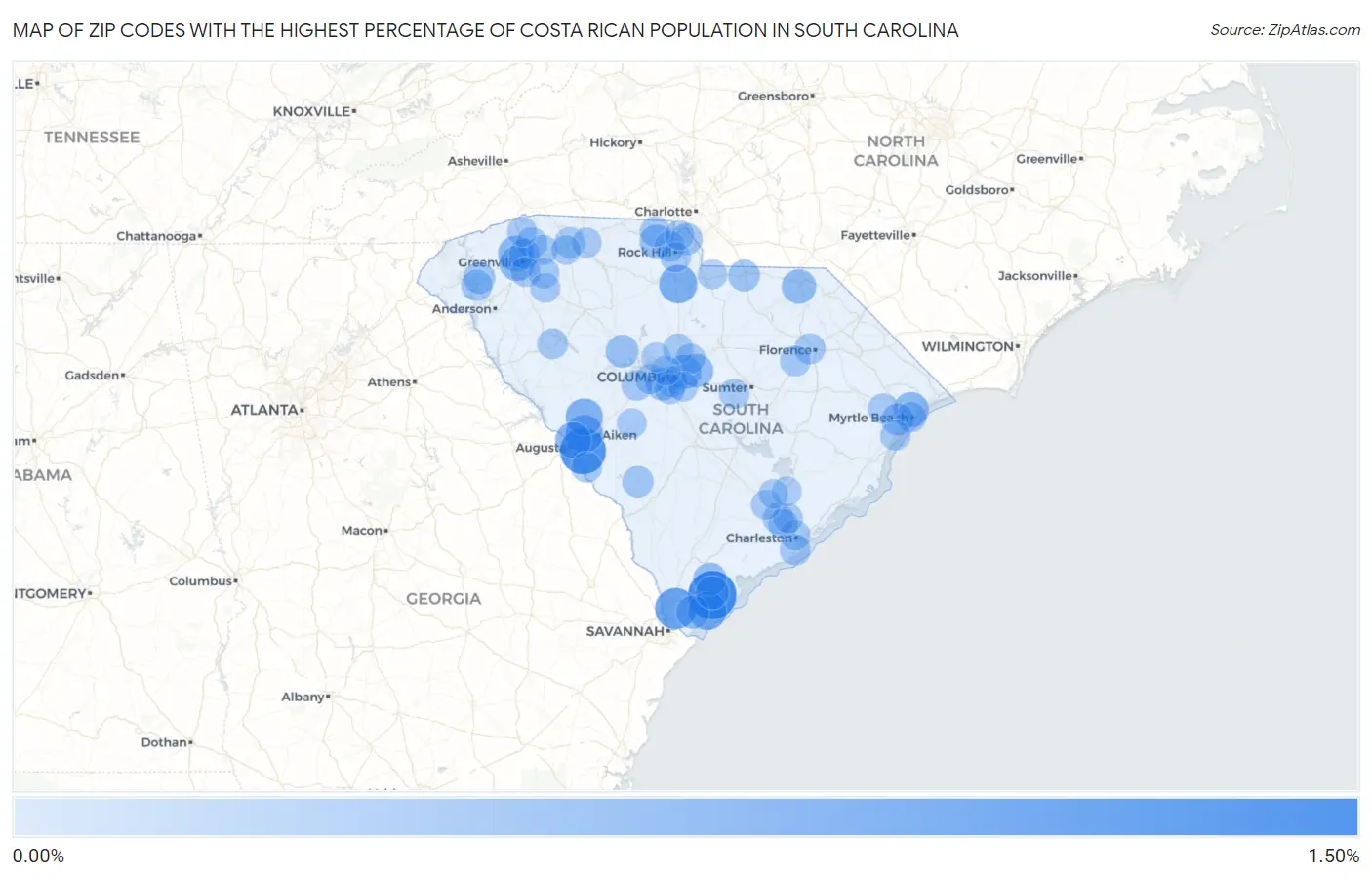 Zip Codes with the Highest Percentage of Costa Rican Population in South Carolina Map