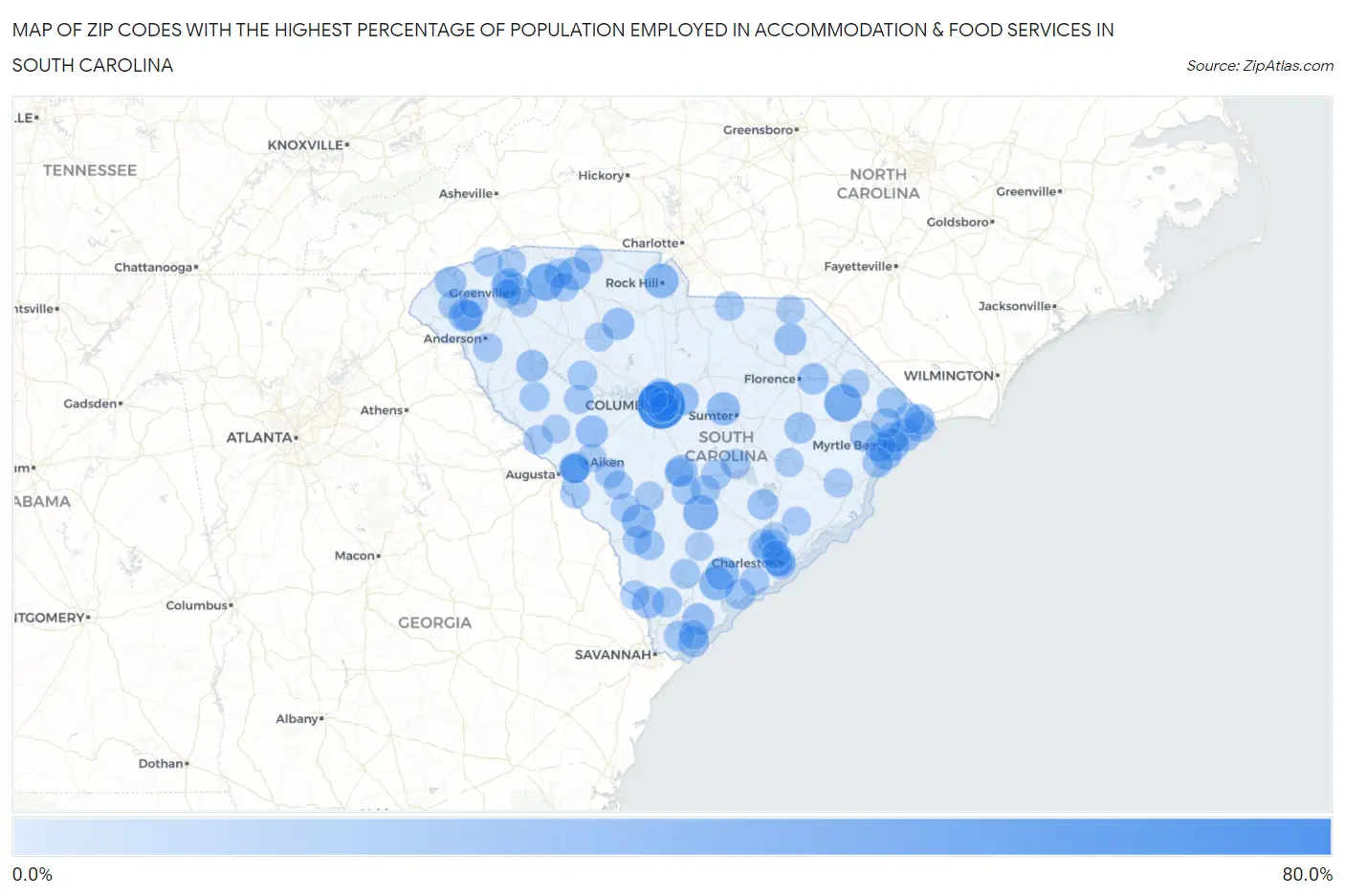 Zip Codes with the Highest Percentage of Population Employed in Accommodation & Food Services in South Carolina Map