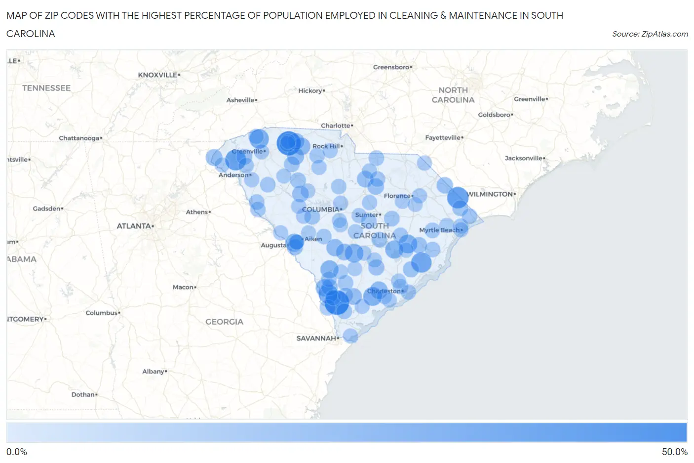 Zip Codes with the Highest Percentage of Population Employed in Cleaning & Maintenance in South Carolina Map