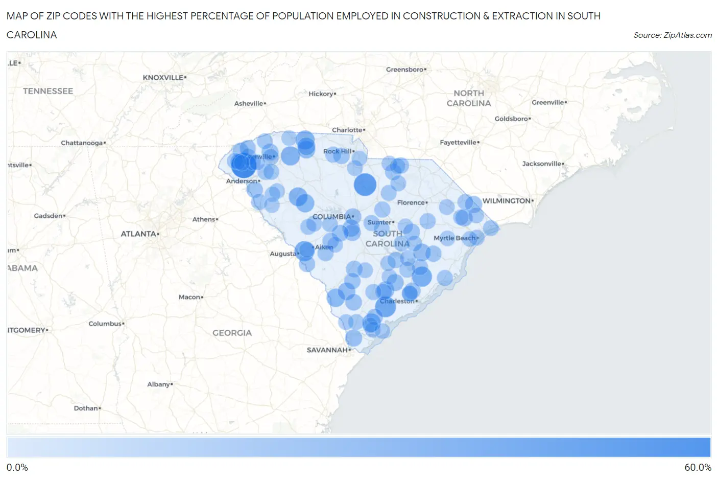 Zip Codes with the Highest Percentage of Population Employed in Construction & Extraction in South Carolina Map