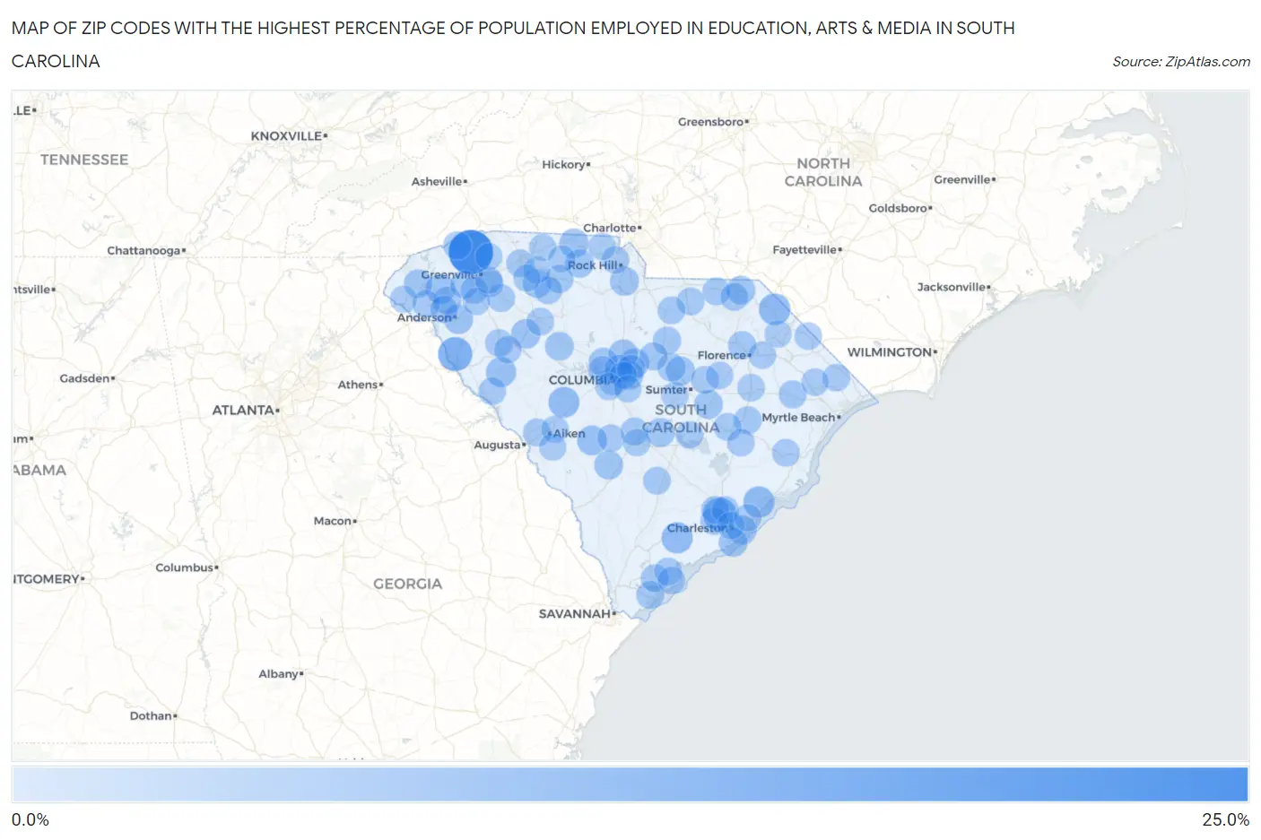 Zip Codes with the Highest Percentage of Population Employed in Education, Arts & Media in South Carolina Map