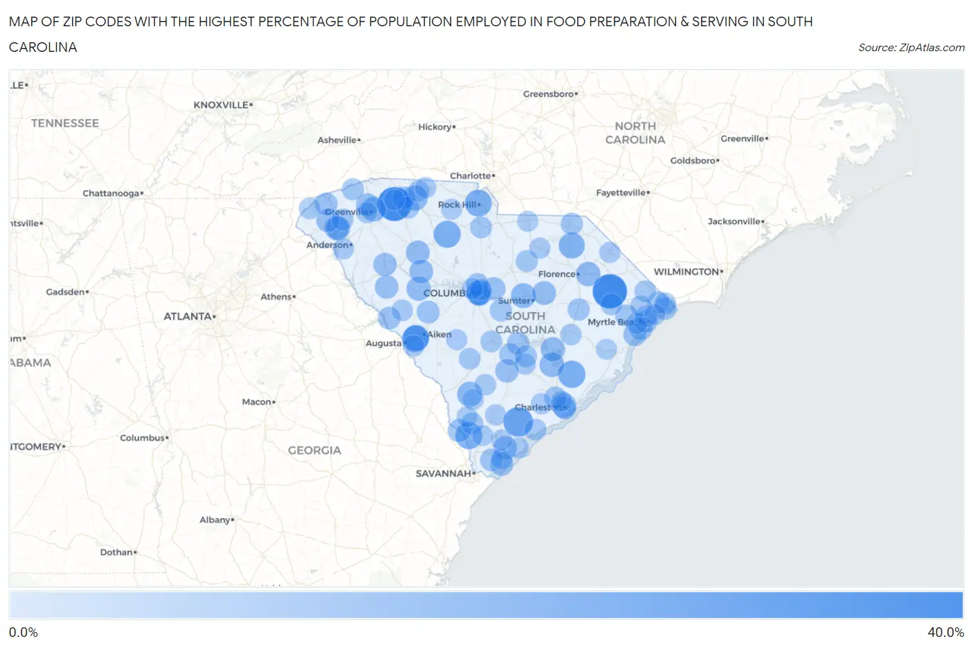 Zip Codes with the Highest Percentage of Population Employed in Food Preparation & Serving in South Carolina Map