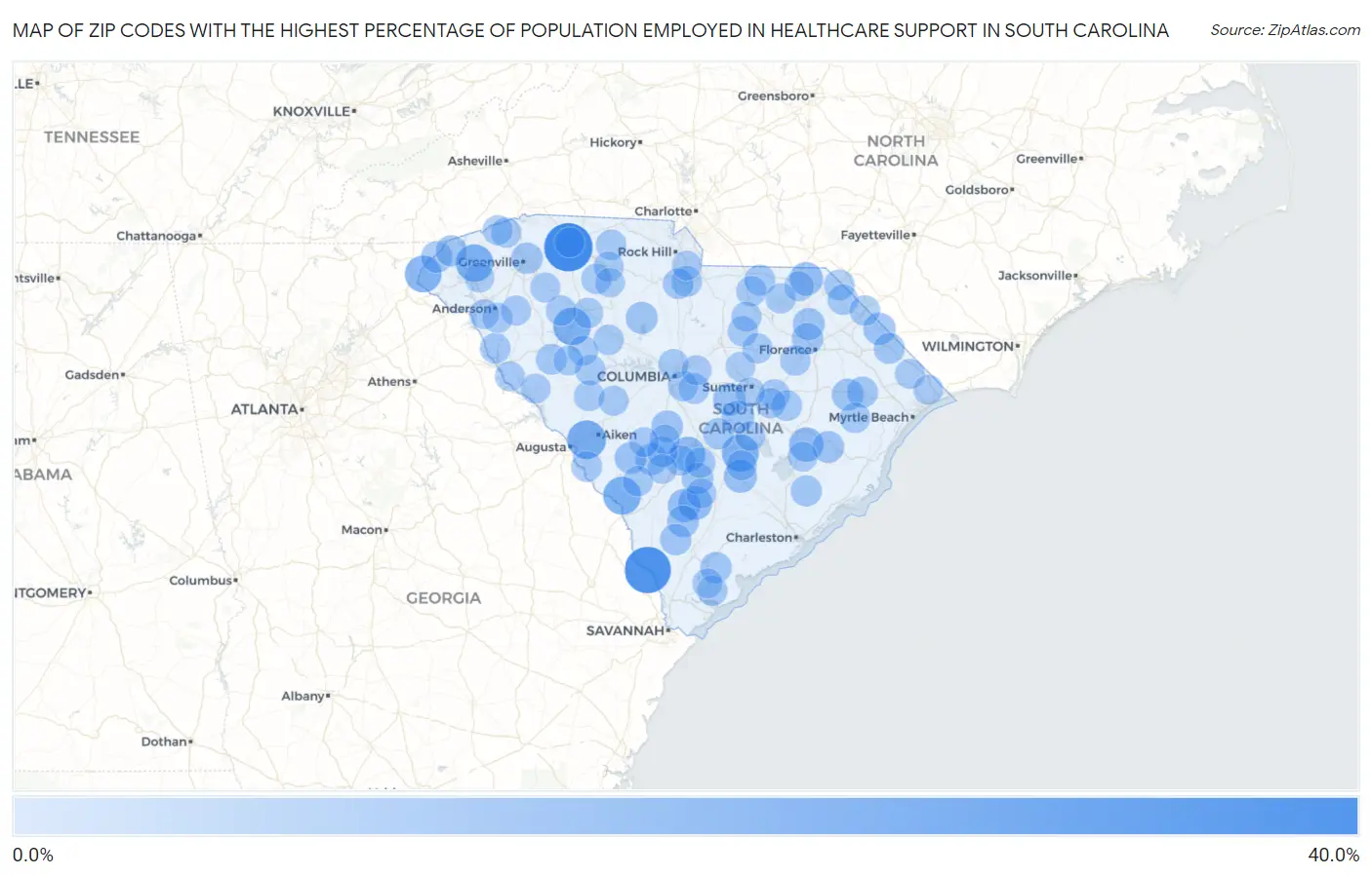 Zip Codes with the Highest Percentage of Population Employed in Healthcare Support in South Carolina Map