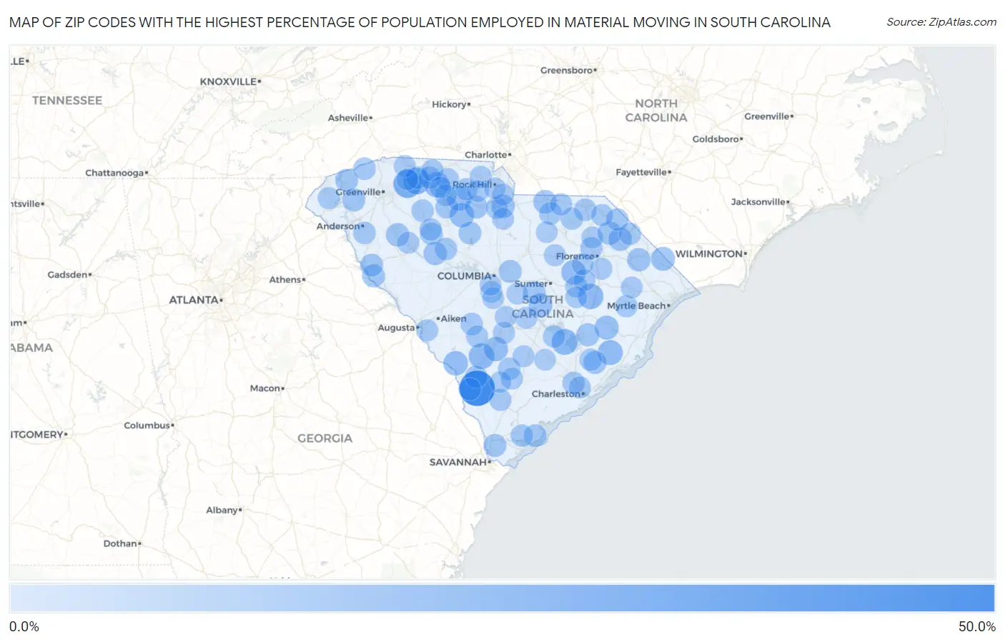 Zip Codes with the Highest Percentage of Population Employed in Material Moving in South Carolina Map