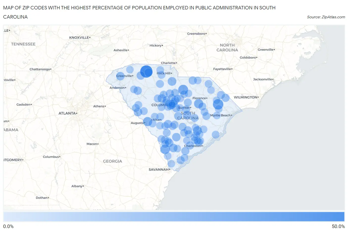 Zip Codes with the Highest Percentage of Population Employed in Public Administration in South Carolina Map