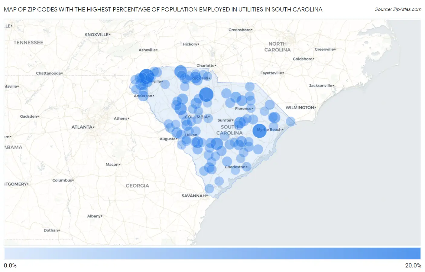 Zip Codes with the Highest Percentage of Population Employed in Utilities in South Carolina Map