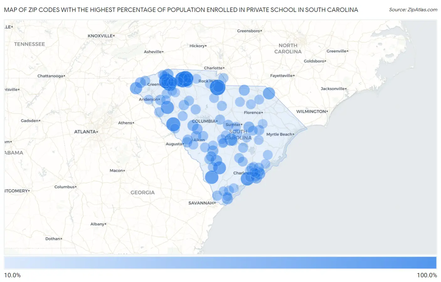 Zip Codes with the Highest Percentage of Population Enrolled in Private School in South Carolina Map