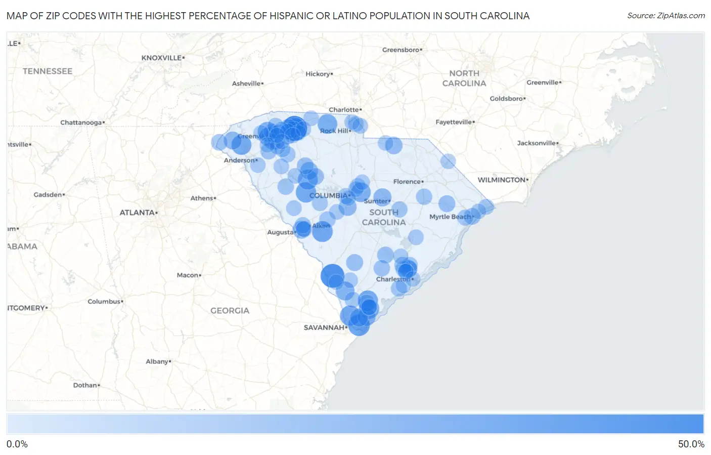 Zip Codes with the Highest Percentage of Hispanic or Latino Population in South Carolina Map