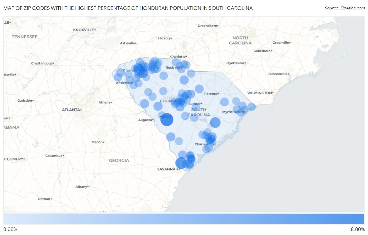 Zip Codes with the Highest Percentage of Honduran Population in South Carolina Map